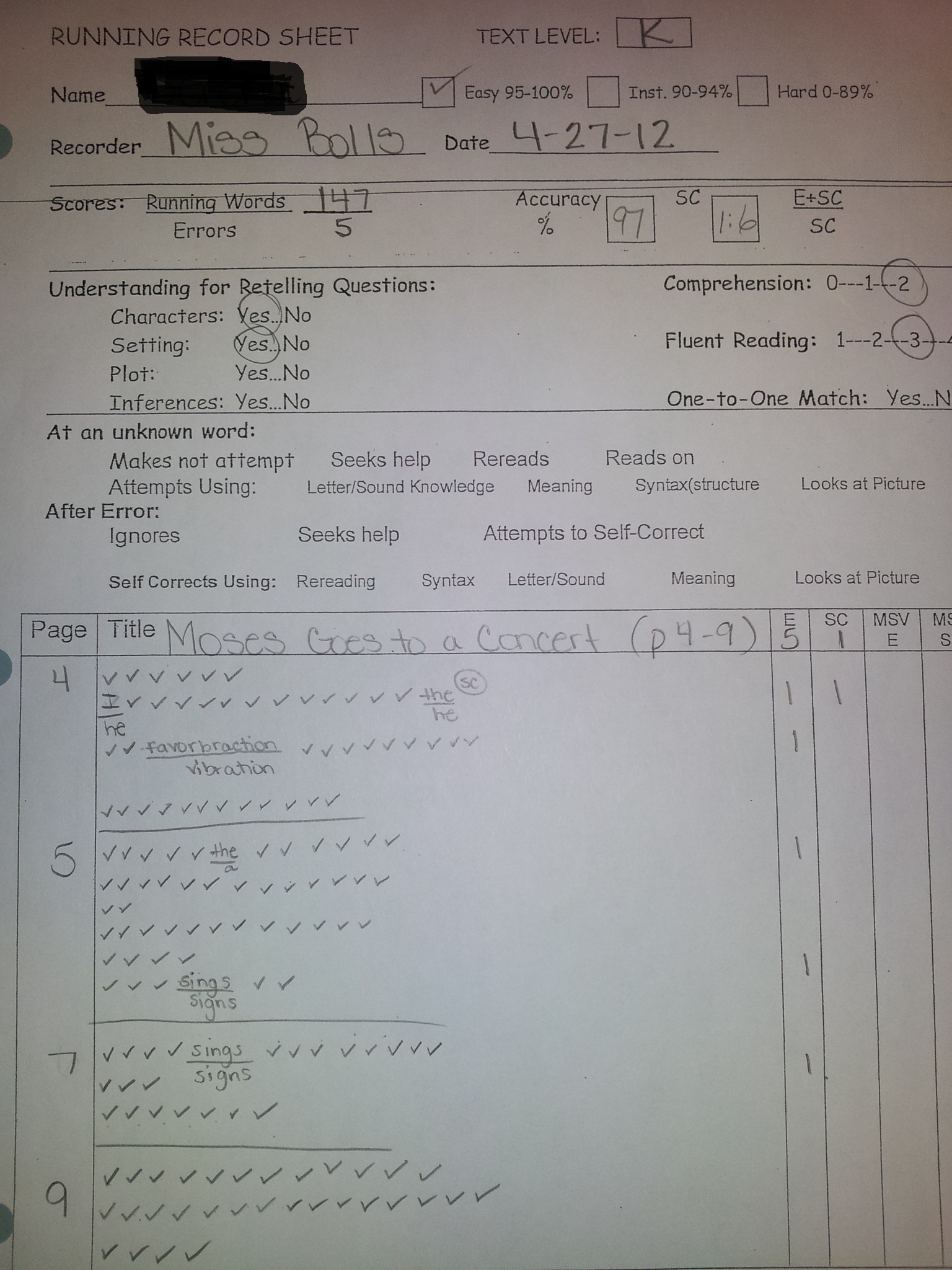 First Grade Running Record Printables